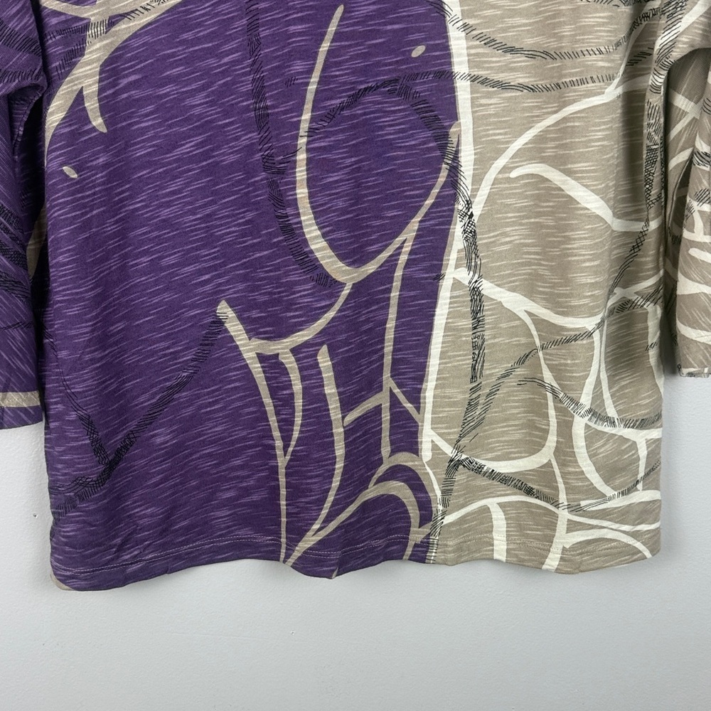 Chico's Cotton Modal Blend Purple Tan Round Neck Abstract 3/4 Sleeve Medium Top - Picture 9 of 11